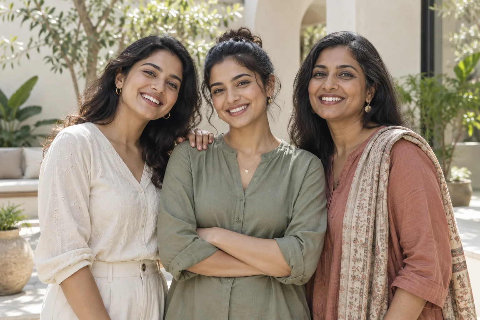 Representative portrait of adult women together in a sunlit courtyard